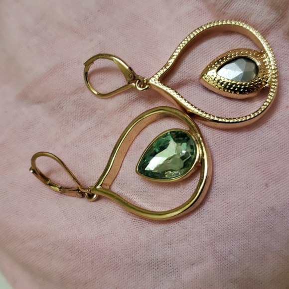 None Jewelry - 1 × 1 1/4" gold-tone & Green earrings